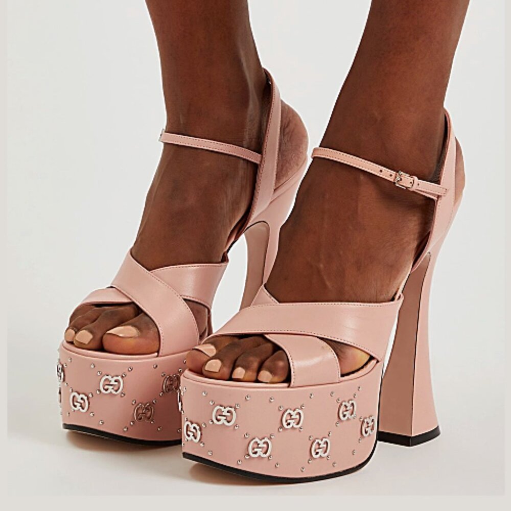 NEW GUCCI Interlocking GG Studs Rose Leather Platform Sandals EU 39.5 US 9.5 - Picture 3 of 12